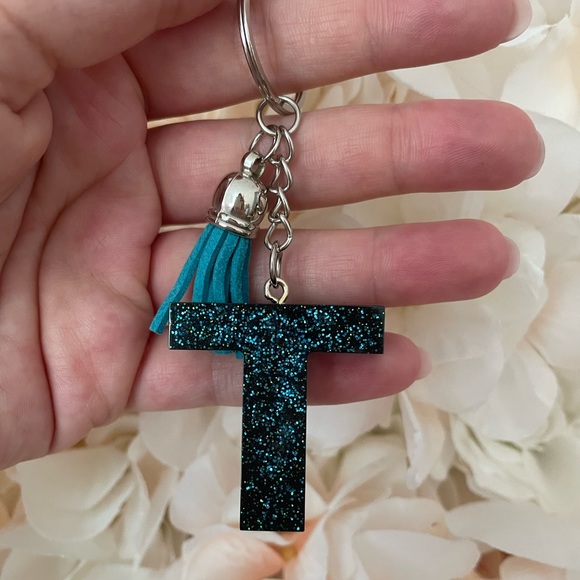 T Initial Glitter Resin Keychain Black and Teal - Picture 1 of 5